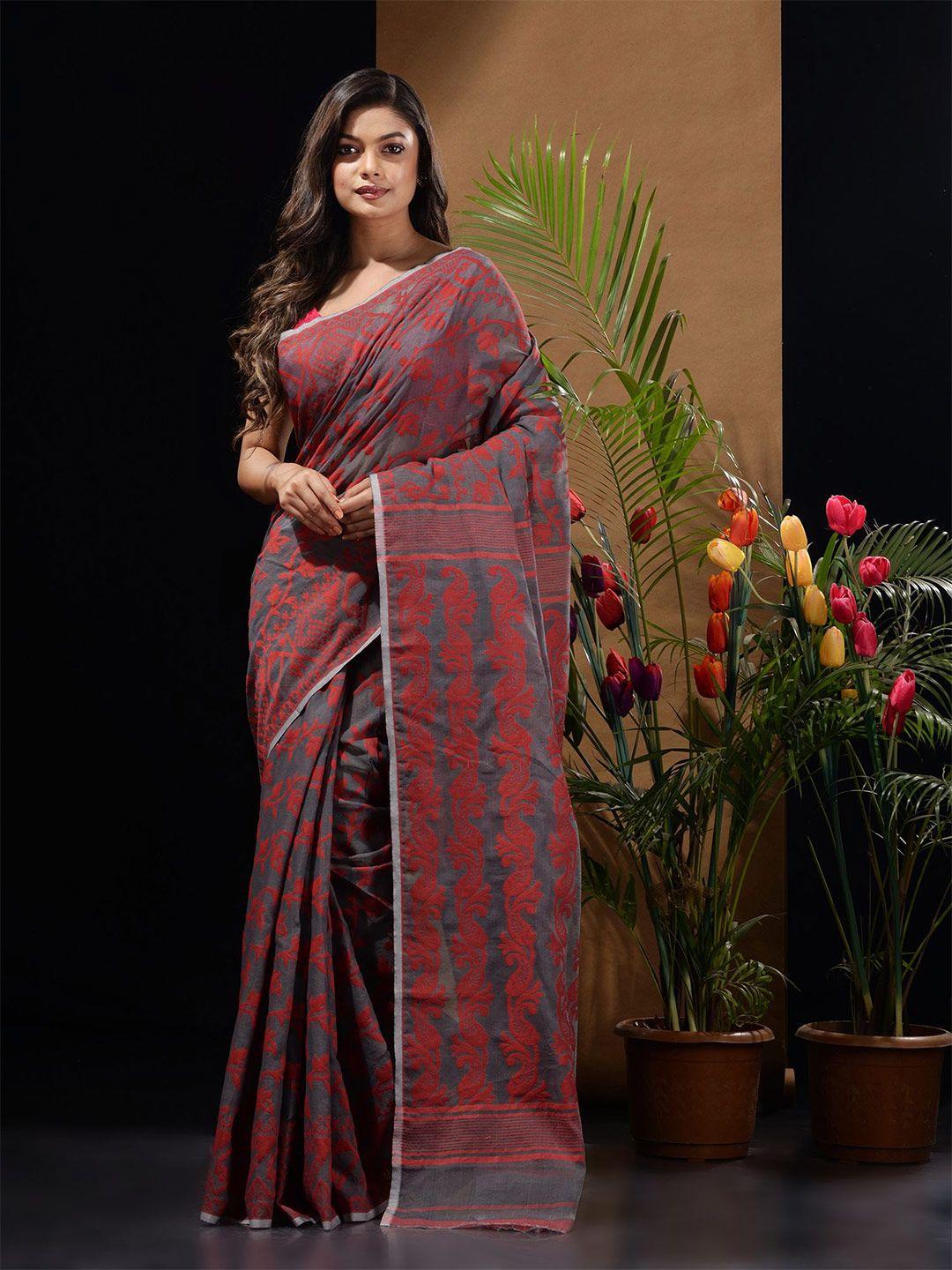 charukriti grey & red paisley silk cotton jamdani saree