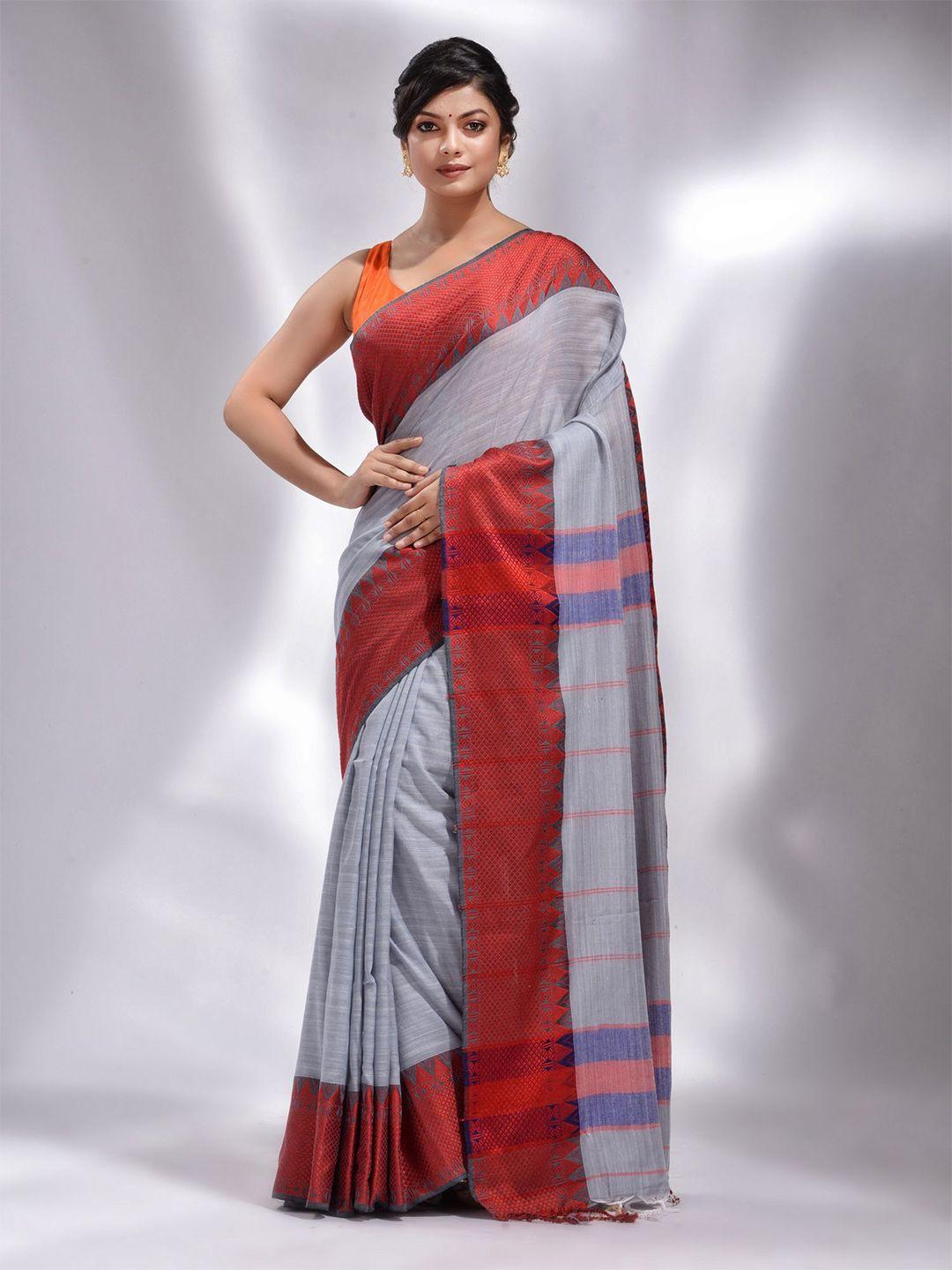 charukriti grey & red woven design pure cotton saree