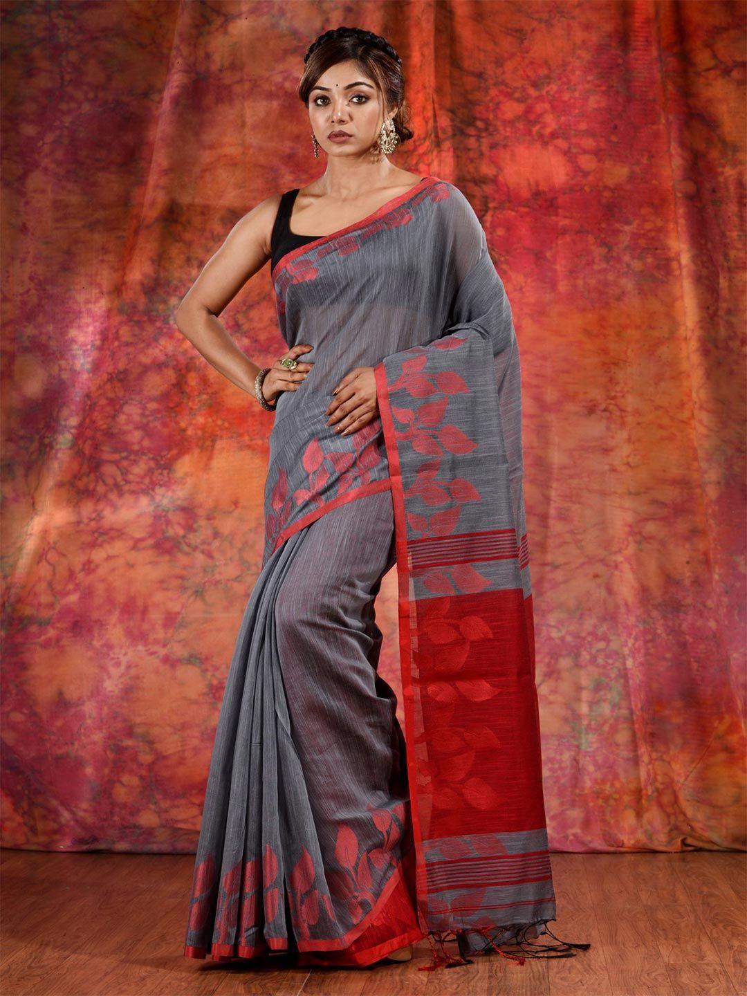 charukriti grey & red woven design saree