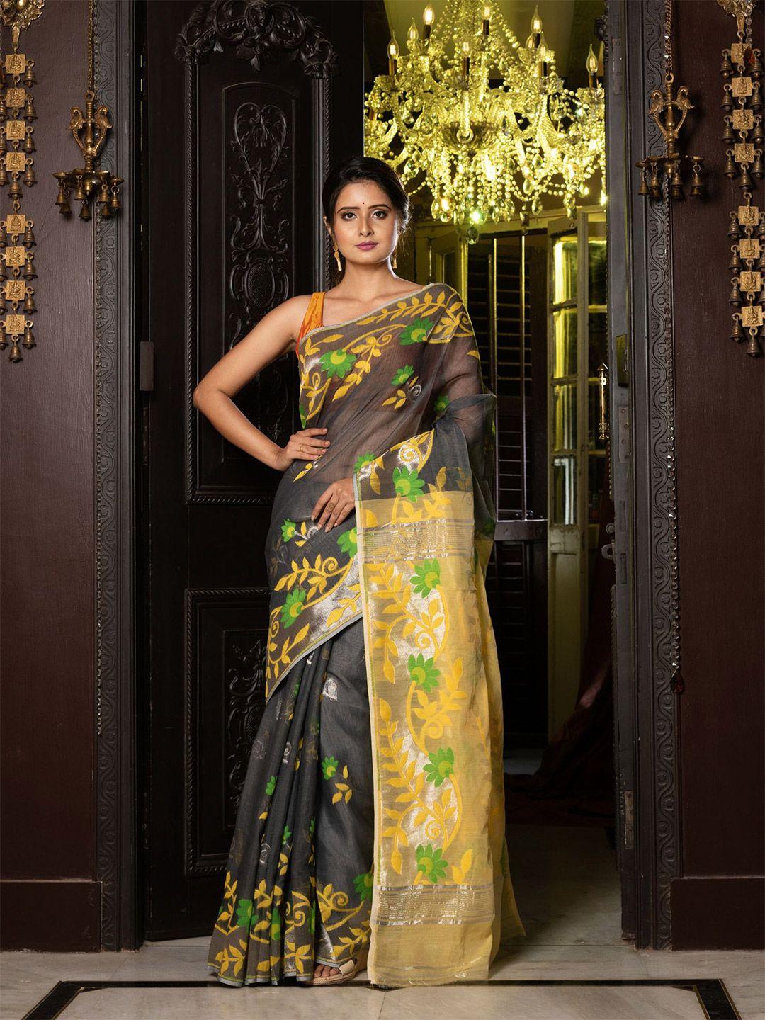 charukriti grey & yellow floral silk cotton jamdani saree