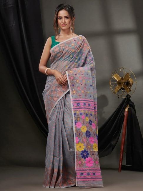 charukriti grey cotton floral print saree