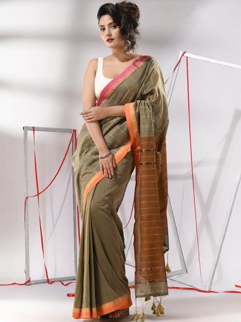 charukriti grey cotton striped saree with unstitched blouse