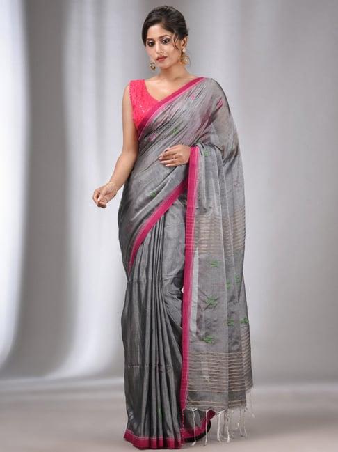 charukriti grey embroidered saree with unstitched blouse