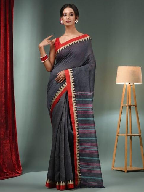 charukriti grey striped saree with unstitched blouse