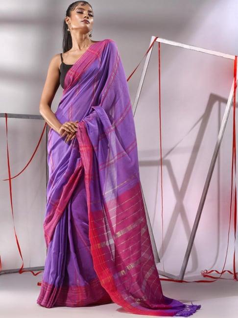 charukriti irish purple & pink cotton striped saree with unstitched blouse