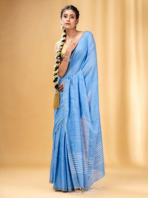 charukriti light blue cotton saree with unstitched blouse