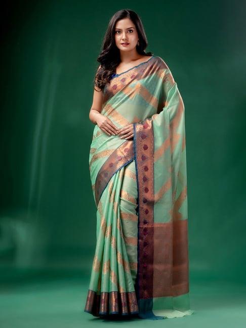 charukriti light green cotton silk woven saree with blouse