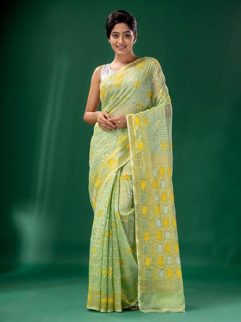 charukriti light green cotton silk woven saree without blouse