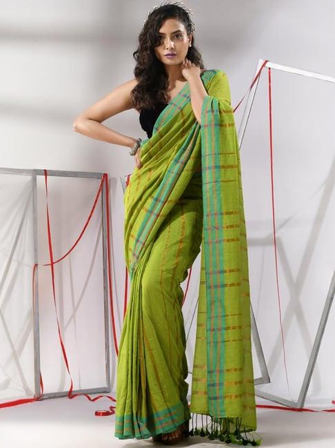 charukriti light green cotton striped saree with unstitched blouse