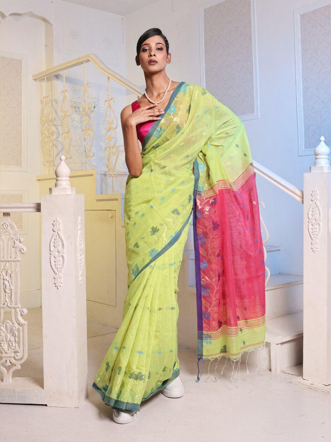 charukriti lime green & red woven design zari saree