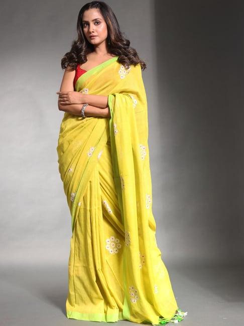 charukriti lime green cotton embroidered saree with unstitched blouse