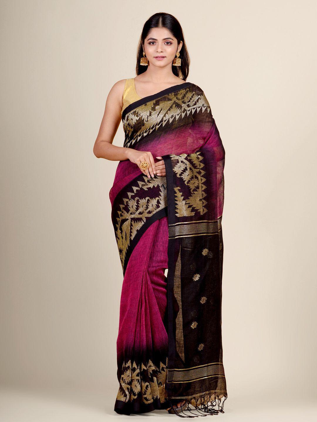 charukriti magenta & black woven design zari pure linen ikat saree