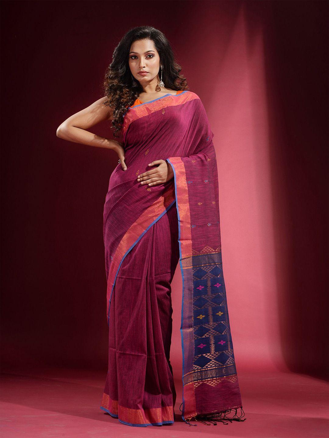 charukriti magenta & blue woven design zari pure cotton saree