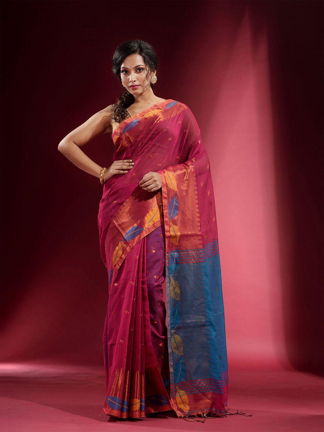 charukriti magenta & blue woven design zari saree