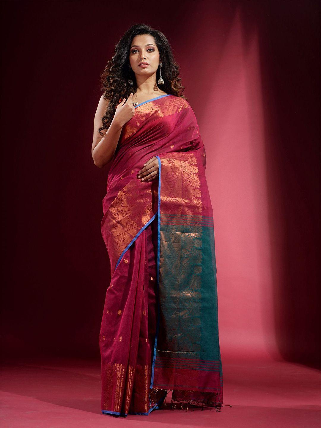 charukriti magenta & gold-toned woven design zari saree