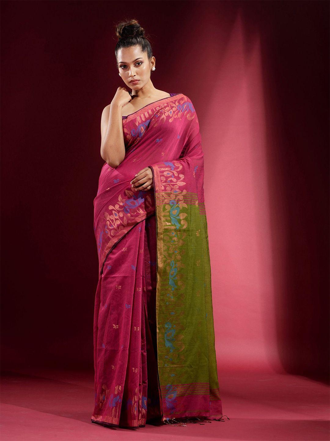 charukriti magenta & green woven design zari saree