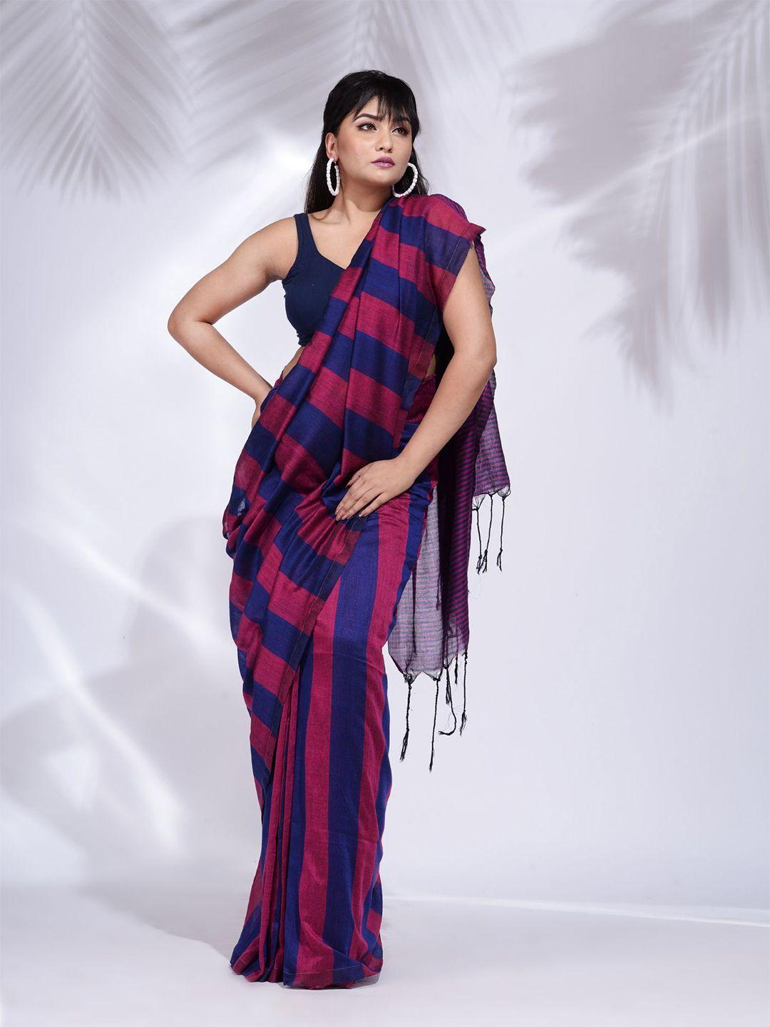 charukriti magenta & navy blue striped pure cotton saree