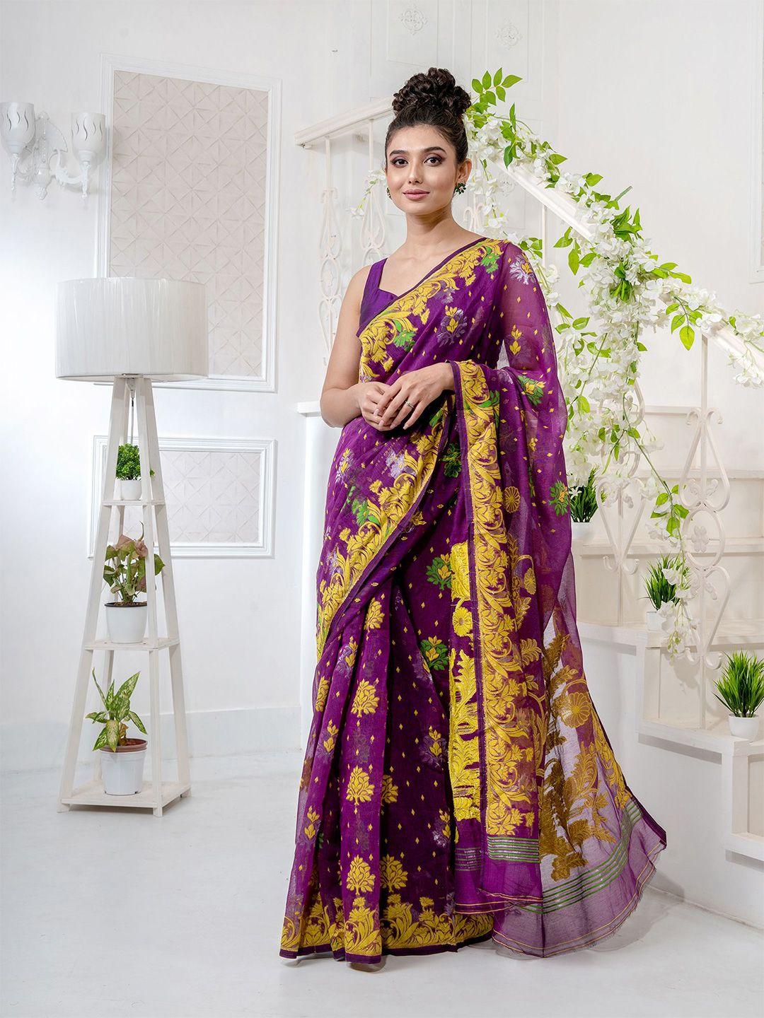 charukriti magenta & yellow woven design silk cotton jamdani saree
