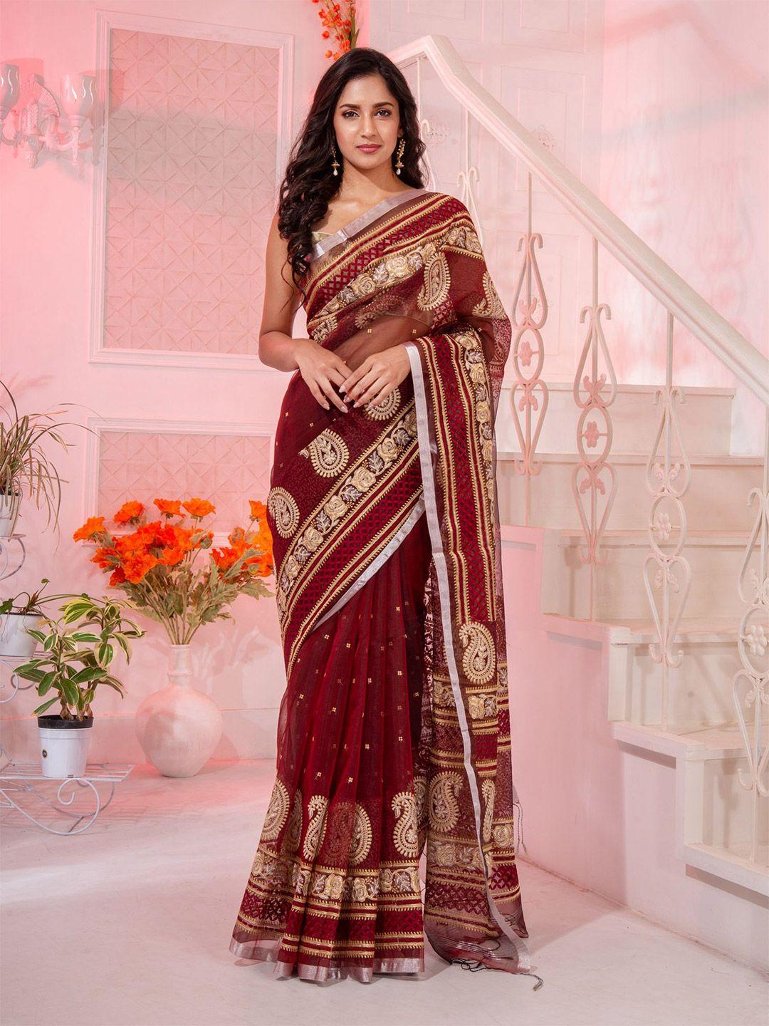 charukriti maroon & gold-toned paisley zari pure silk saree