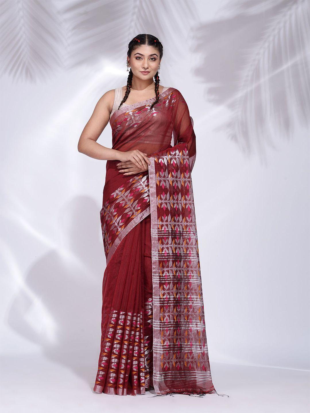 charukriti maroon & silver-toned woven design saree