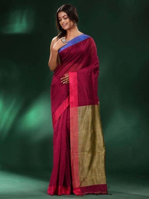 charukriti maroon cotton woven saree with unstitched blouse