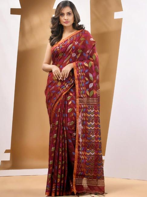 charukriti maroon floral print saree with unstitched blouse