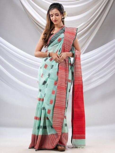 charukriti mint green & red cotton embroidered saree with unstitched blouse