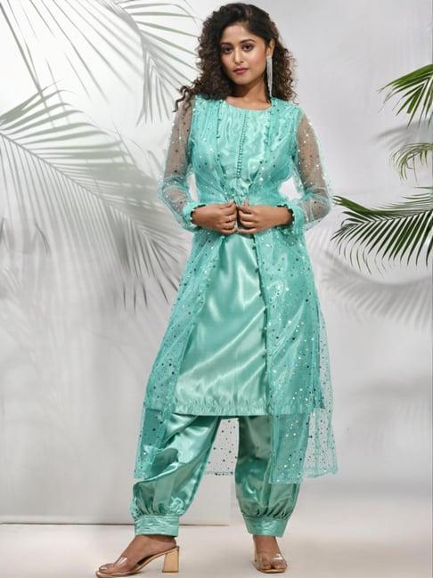 charukriti mint green embellished kurta salwaar set with jacket