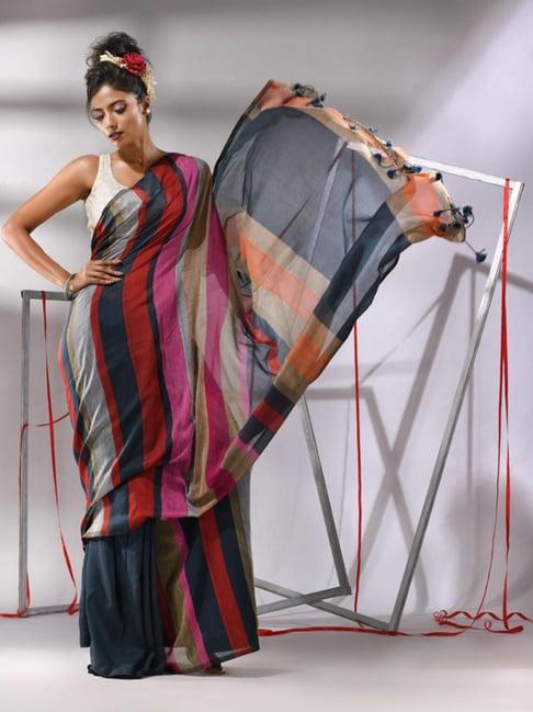 charukriti multicolored cotton striped saree with unstitched blouse