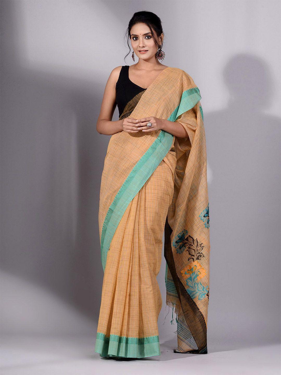 charukriti mustard & black woven design pure cotton saree