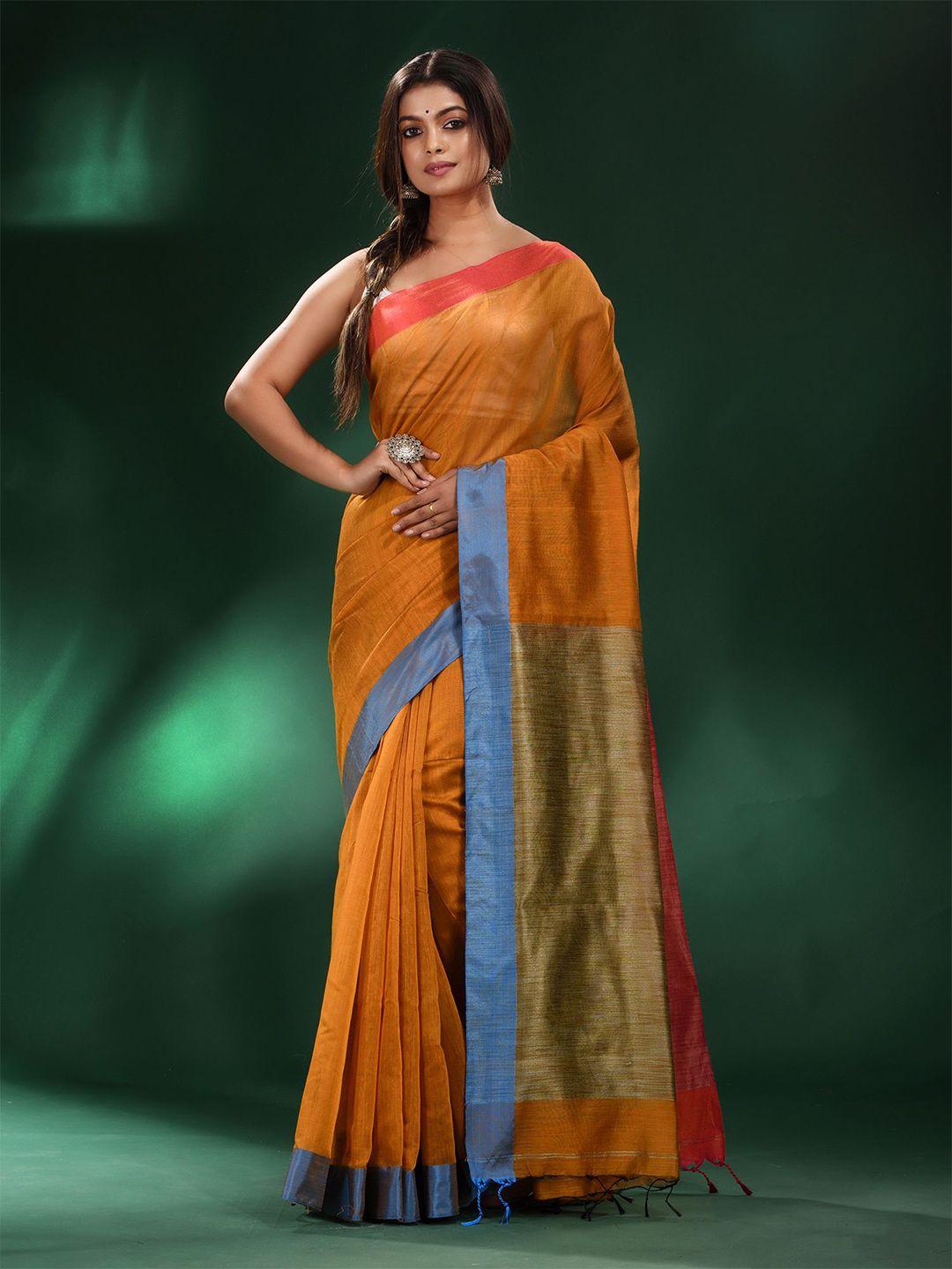 charukriti mustard & blue pure cotton saree