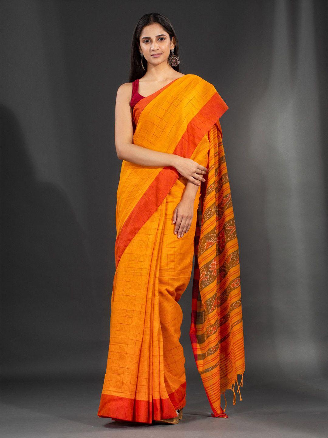 charukriti mustard & orange ethnic motifs pure cotton saree