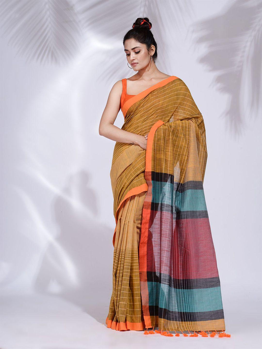 charukriti mustard & orange woven design pure cotton saree