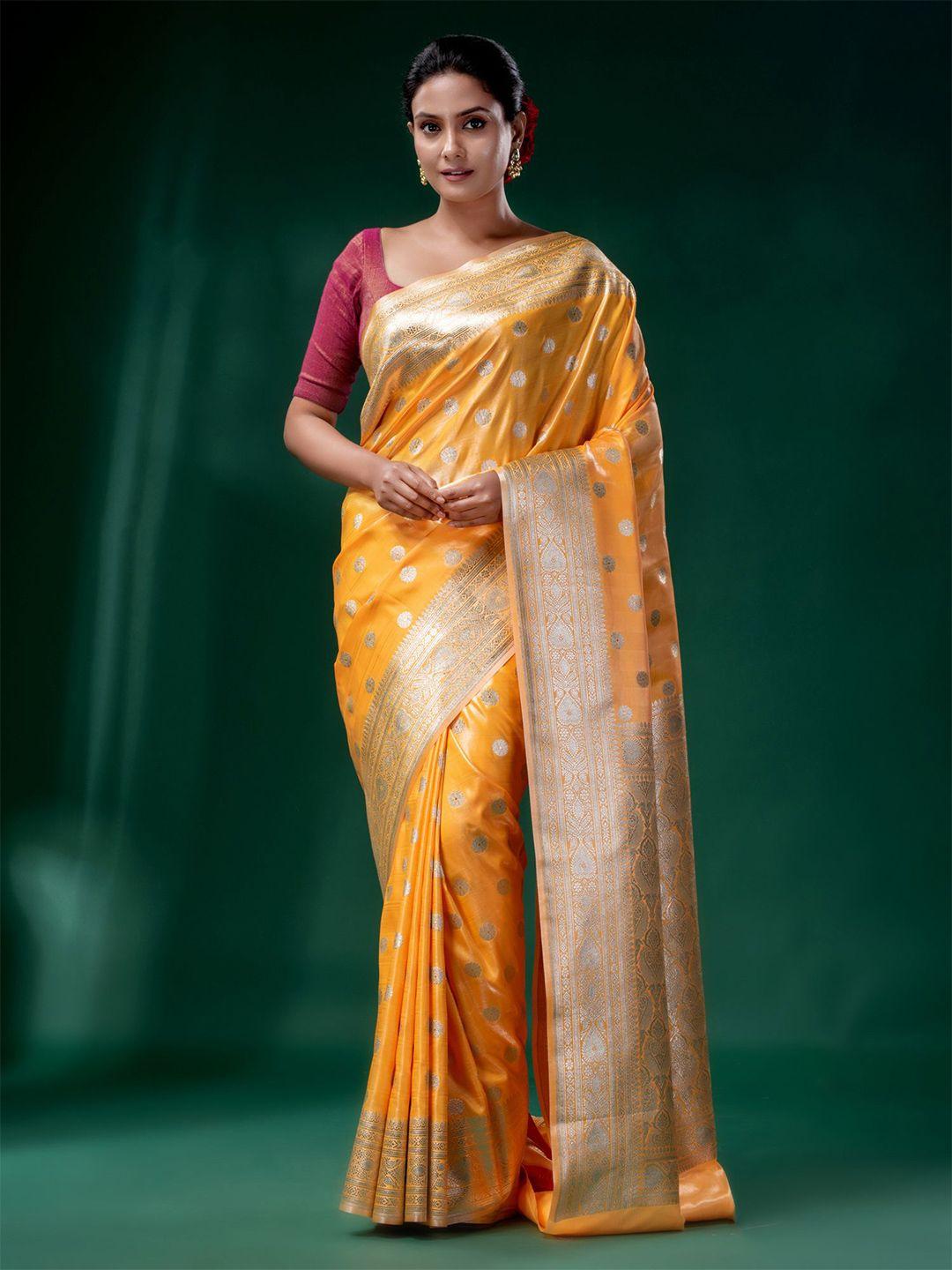 charukriti mustard & pink woven design zari pure silk saree