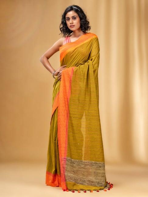 charukriti mustard cotton embellished saree with unstitched blouse