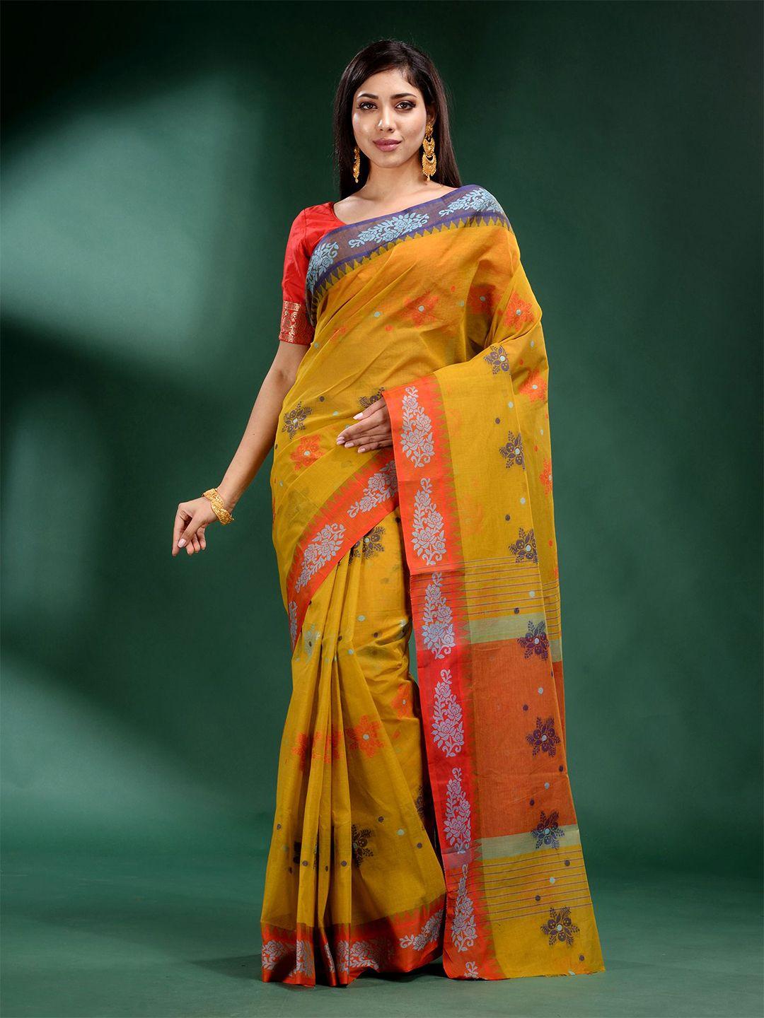 charukriti mustard yellow & orange floral pure cotton saree