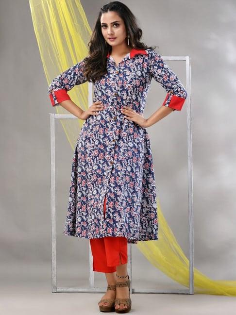 charukriti navy & orange cotton floral print kurta pant set