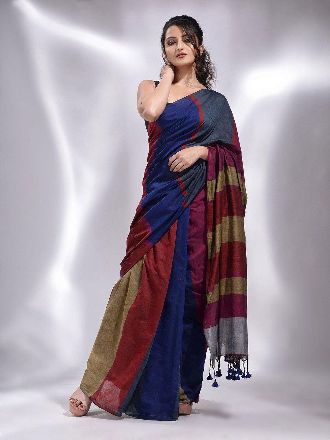 charukriti navy blue & brown woven design pure cotton saree