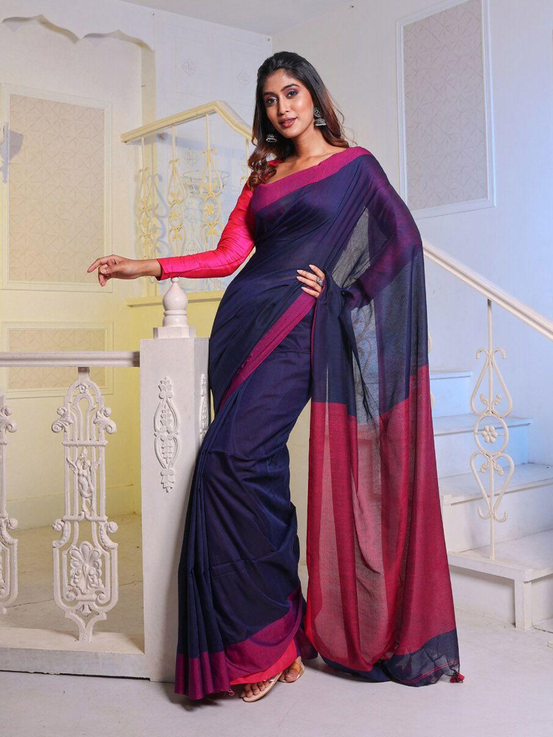 charukriti navy blue & pink pure cotton saree