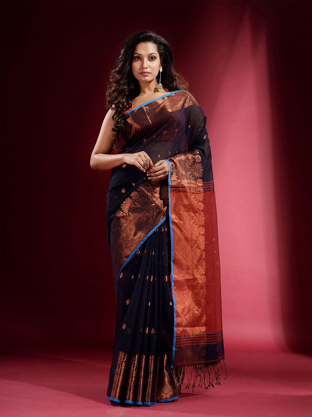 charukriti navy blue & red woven design zari saree