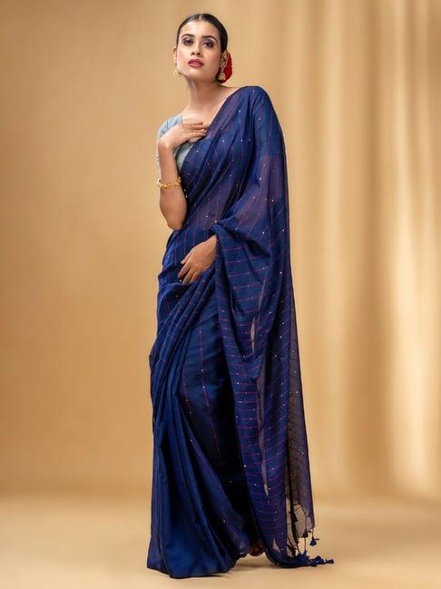 charukriti navy cotton embellished saree with unstitched blouse