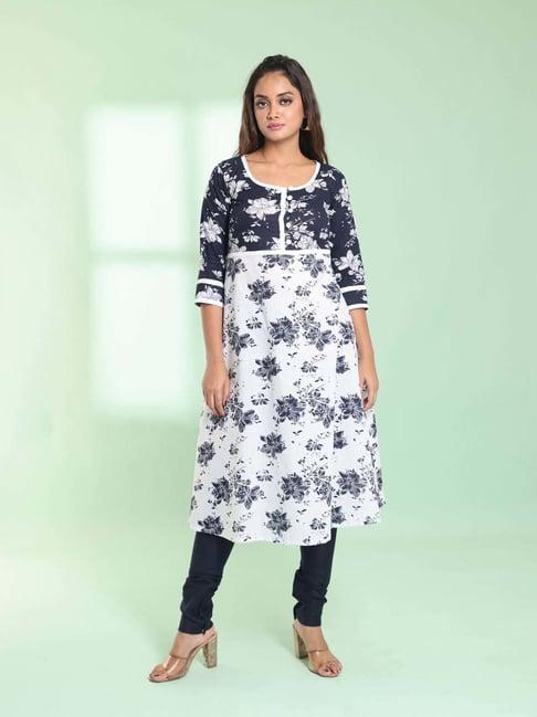 charukriti navy cotton printed kurta churidar set