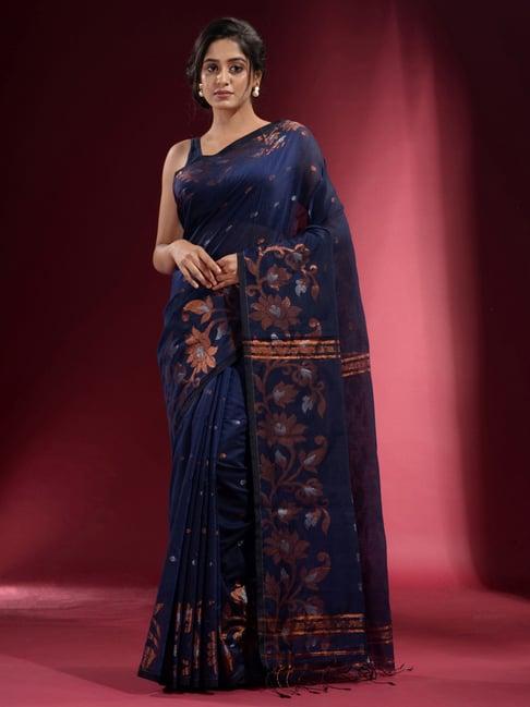 charukriti navy floral print saree with unstitched blouse