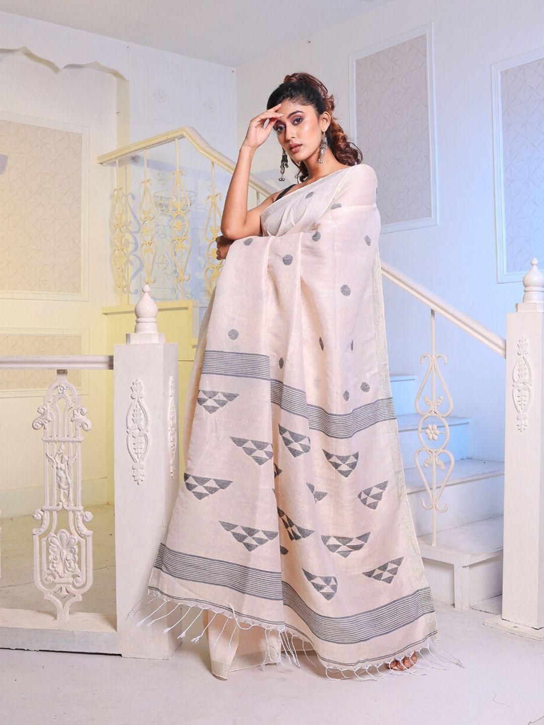 charukriti off white & blue zari pure cotton saree