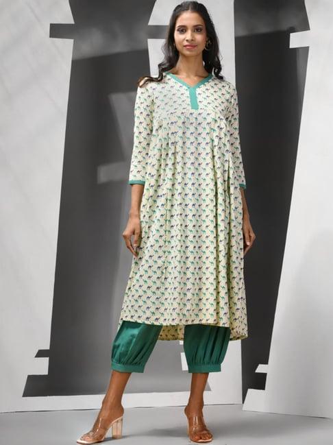 charukriti off-white & green cotton printed kurta salwaar set