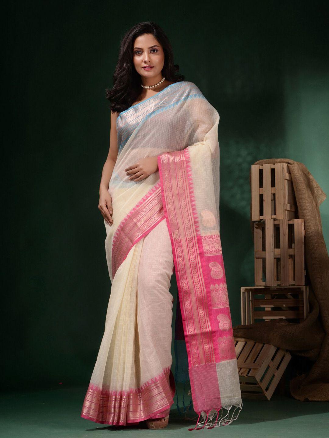 charukriti off white & pink ethnic motifs zari silk blend kota saree