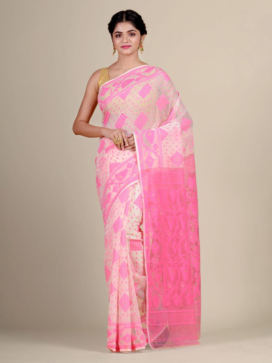 charukriti off white & pink geometric woven design jamdani saree