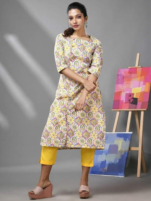 charukriti off-white & yellow cotton printed kurta pant set