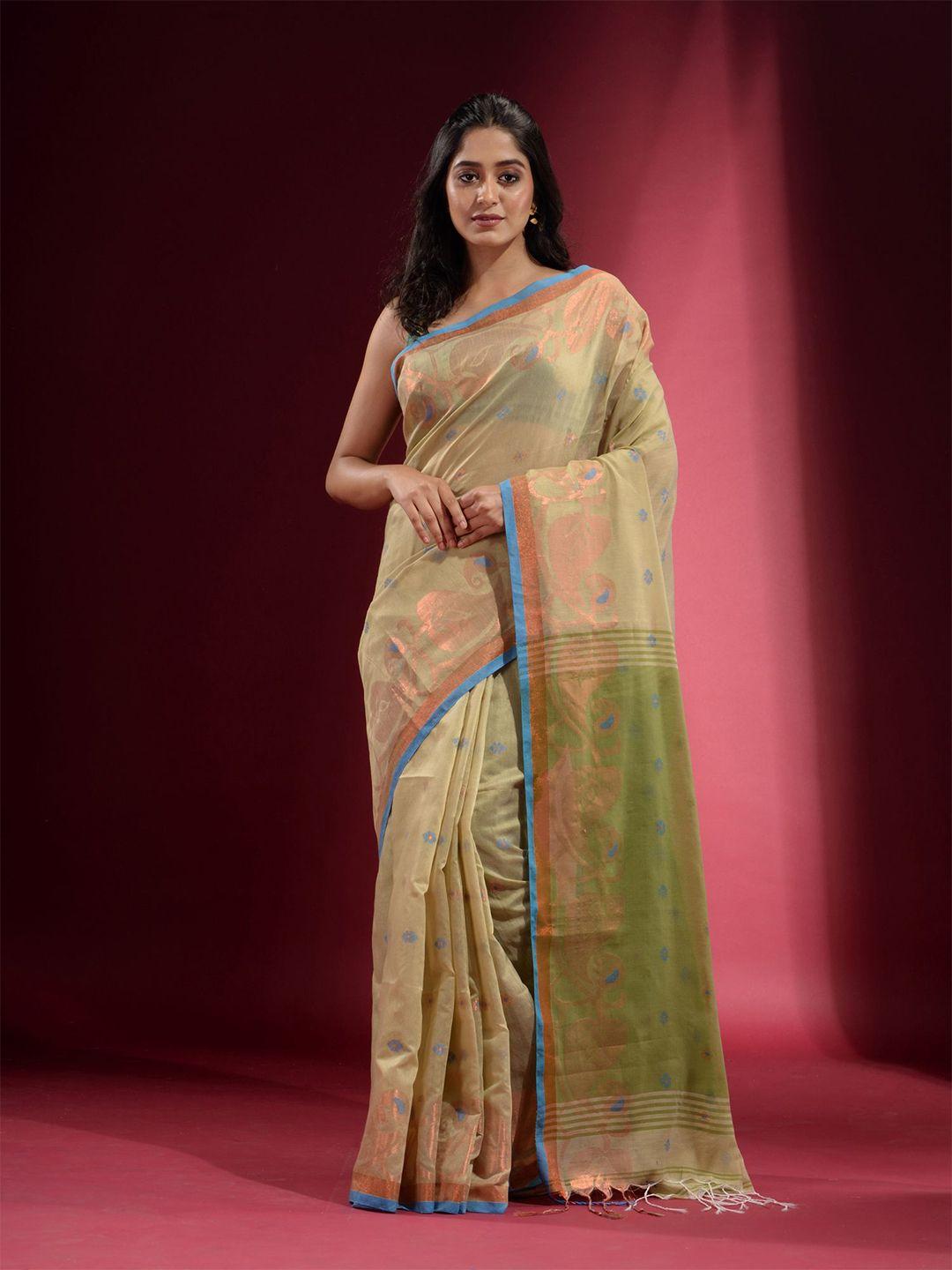 charukriti olive green & blue woven design zari saree