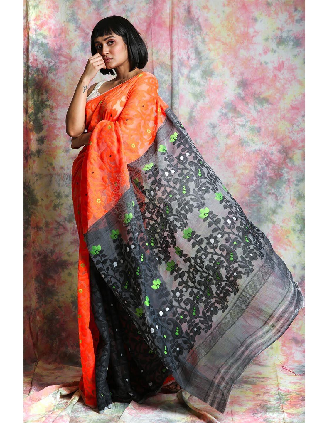 charukriti orange & black floral pure cotton saree